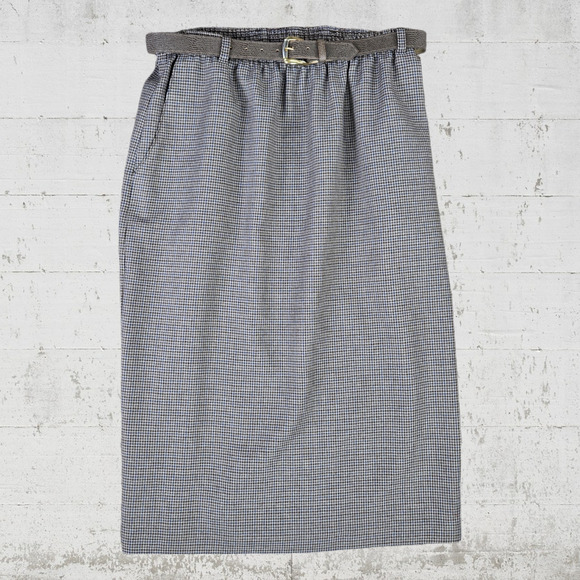 80s Vintage Houndstooth Brown Mocha Straight Belted Midi Skirt Size 10 USA Made - Picture 1 of 6
